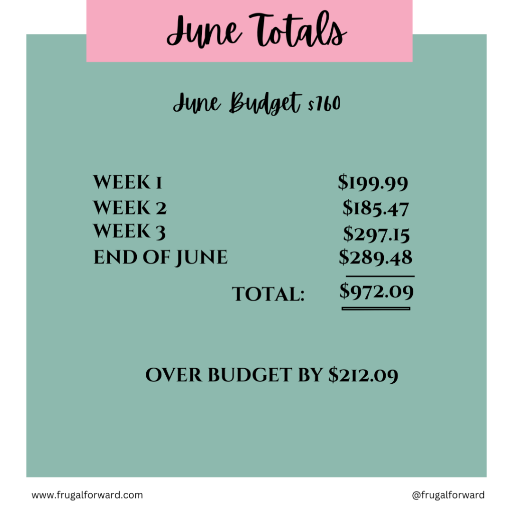 Overview of June grocery spending, highlighting weekly totals and overall budget status with noted overspending.