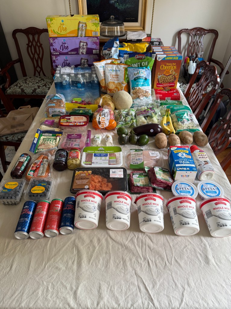 A table displaying a variety of grocery items, including sparkling water, milk, meat, snacks, fruits, and vegetables, organized neatly for inventory documentation.