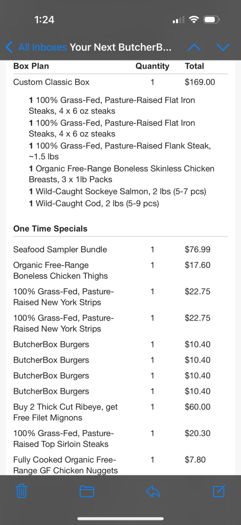 Image of various food items received from a food rescue organization, including bags of arugula, French fries, pre-chopped lettuce, broccoli, tapioca balls, and ice cream cones.